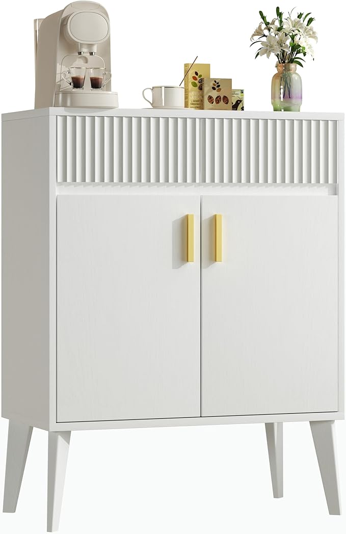 Sideboard Storage Cabinet with 2 Drawers & 2 Doors, Fluted Kitchen Buffet Cabinet with Adjustable Shelves, Coffee Bar Station for Living Room, Entryway, 13.8 x 27.6 x 35.6 Inches, White