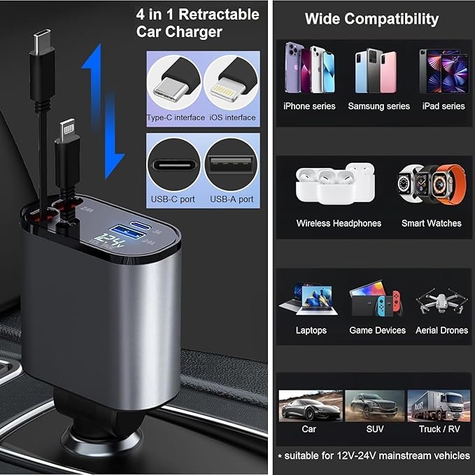 Retractable Car Charger - 4-in-1 Fast Car Phone Charger USB C and Lightning Cords 66W Cigarette Lighter Chargers Adapter for iPhone 15 14 13 12 Pro Max iPad Android Galaxy S24 S23 Pixel Tablet