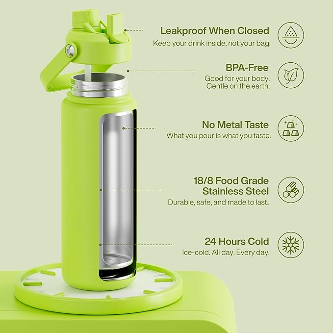 ENCOOL Insulated Water Bottle with Straw Stainless Steel Water Bottle, Leak-Proof, BPA-Free, Double Wall Vacuum Keeps Cold for 24 Hours for Sports, Travel, School (32 oz, Sharp Green)