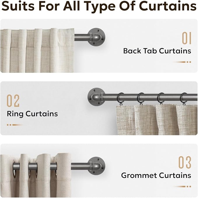 Zeerobee Curtain Rods for Windows 48 to 84, 1 Inch Industrial Wrap Around Grey Curtain Rod, Indoor/Outdoor Room Divider Adjustable Drapery Pole, 48"-86"