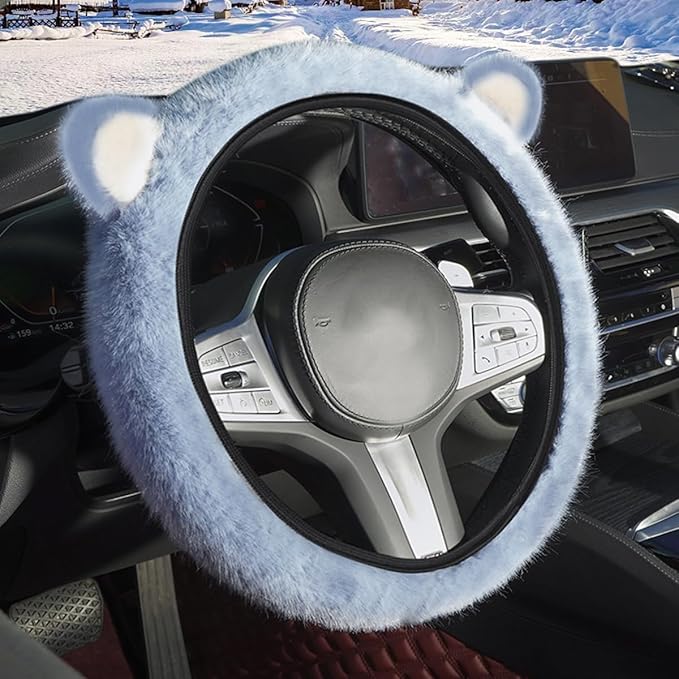 Car Steering Wheel Cover with Cat Ears Winter Warm Fuzzy Steering Wheel Protector Car Accessories Interior Decorations (Blue)