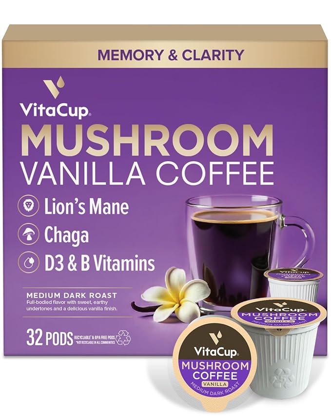 VitaCup Mushroom Coffee Pods, Vanilla Flavored Coffee with Chaga, Lion’s Mane, Vitamins, Medium Dark Roast Arabica Beans, Single Serve Pods Compatible with Keurig K-Cup Brewers, 32 Ct