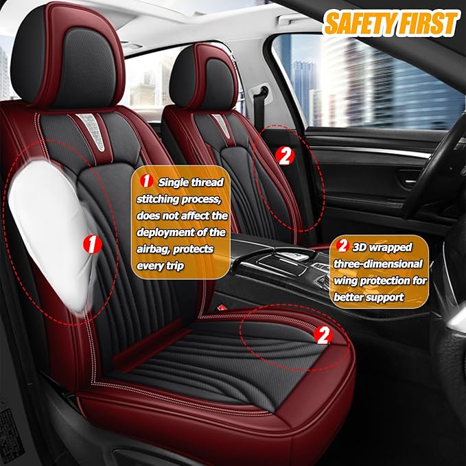 Car Seat Covers for 2 Seats - Nappa Leather 3D Foam Back Support, Super Breathable, All Season Car Seat Cushion with Storage Bags, Universal Fit for Most Cars, Colour- Red Black