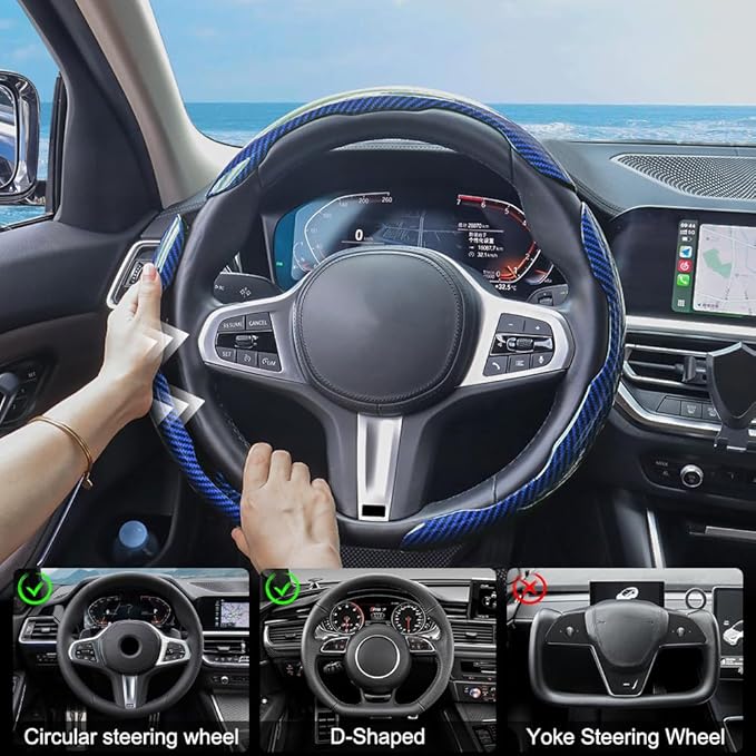 Carbon Fiber Steering Wheel Cover 3PCS, Non-Slip Grip for Universal Cars,Fit for 14–16 Inch Wheels, Interior Accessories for Cars Trucks (Blue)