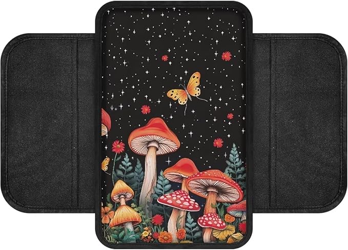 Dreaweet Mushroom Car Accessories Armrest Cover for Truck SUV Van,Black Center Console Covers with Pockets,Soft Comfy Arm Rest Cover Pad Universal Fit