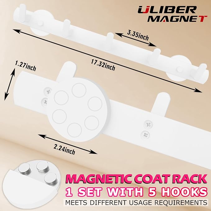 ULIBERMAGNET White Magnetic Coat Rack,Heavy Duty Coat Magnetic Holder with 5 Hooks,Anti-Slip Strong Magnetic Hanger for Refrigerator,Metal Cabinet,Entryway,Hanging Coat, Jackets, Umbrella,Scarf,Bag