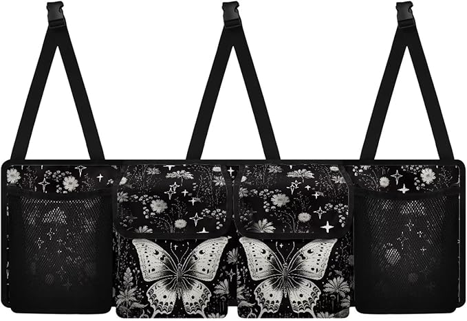 Dreaweet Goth Butterfly Car Trunk Organizer Hanging Back Seat Storage Bag with 4 Pockets,Waterproof Adjustable Large Capacity Collapsible Trunk Organizer for SUV Trucks Sedan