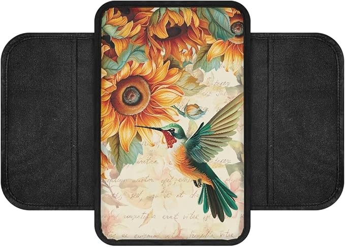 BIGCARJOB Hummingbird Print Car Armrest Box Pad with Side 2 Storage,Sunflower Print Armrest Cover for Cars Truck Cute Auto Interior Accessories Center Console Organizer Storage Box