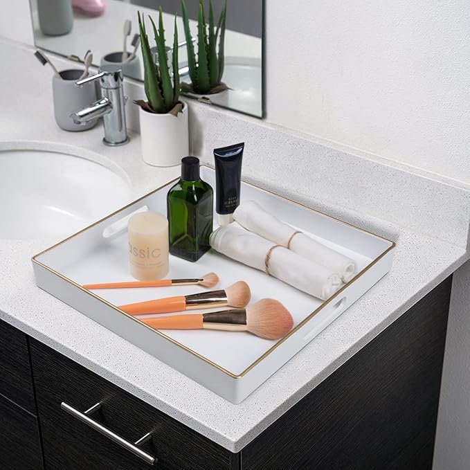 MAONAME 13" Decorative Tray, White Serving Tray with Handles, Coffee Table Trays, Square Plastic Trays for Ottoman, Bathroom, Kitchen