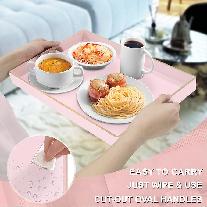 MAONAME Pink Serving Tray with Handles, Modern Decorative Tray for Coffee Table, Plastic Rectangular Trays for Ottoman, Bathroom, Decor, 15.8” x 10.2” x 1.4"