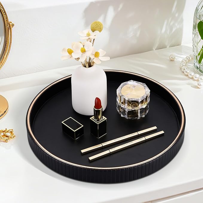 KINGFOM Round Decorative Tray for Coffee Table, PU Leather Valet Nightstand Desk Organizer for Men Women, Golden Trim Tray for Home Decor Living Room Dining Table, Perfume Trays Organizer Black