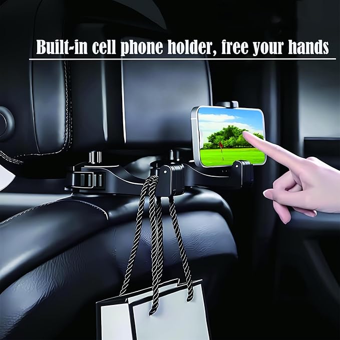 Car Hook Mobile Phone Holder, 2Pack 360°Rotation Car Headrest Hidden Hook Holder, Universal Car Back Seat Hooks Restraint Storage Organizer Hanger Stand for Purse and Bag (Silver and Blue)
