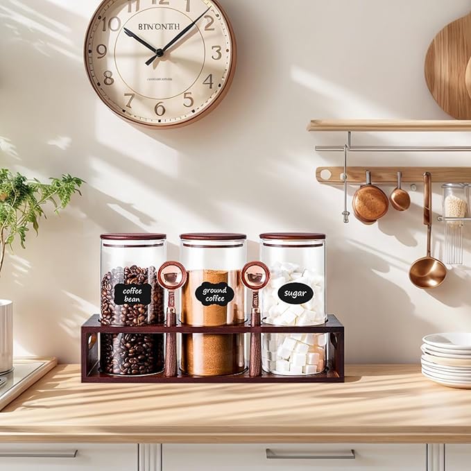 ZOMUIA Glass Coffee Containers Airtight Coffee Bean Storage Canisters with Shelf, 3Pcs 44oz Coffee Station Organizer, Kitchen Food Storage Jars for Sugar, Candy, Oats, Nuts (Retro)
