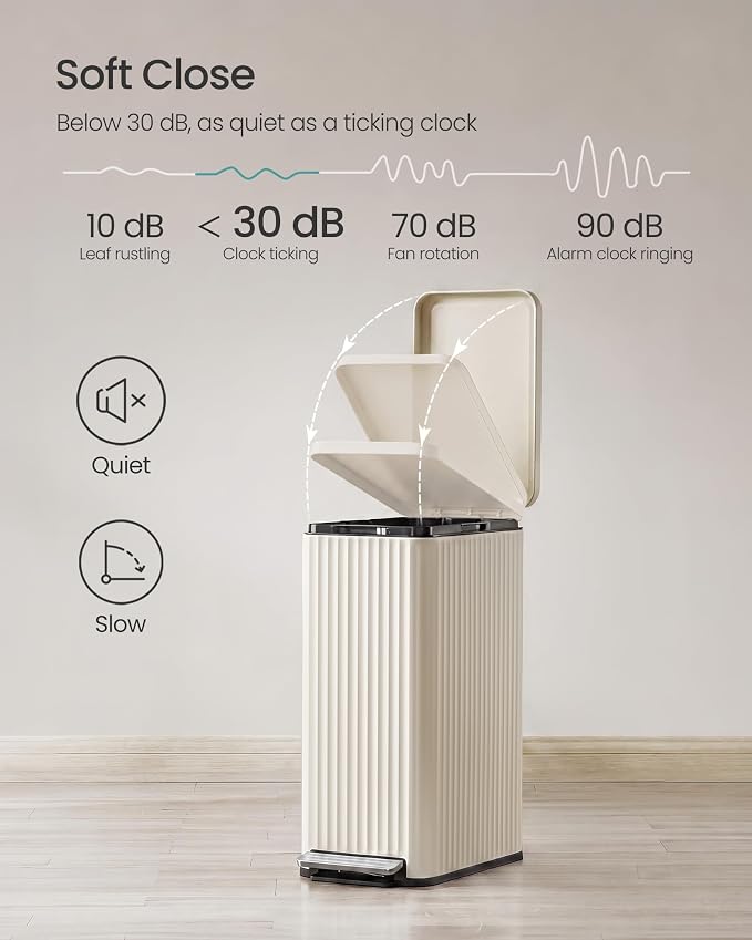 SONGMICS Trash Can, 13 Gallon (50 L) Slim Garbage Can for Kitchen, with Soft-Close Lid, Pedal, Removable Inner Bucket, Stainless Steel, 15 Trash Bags, Space-Saving, Cream White ULTB350LZ01