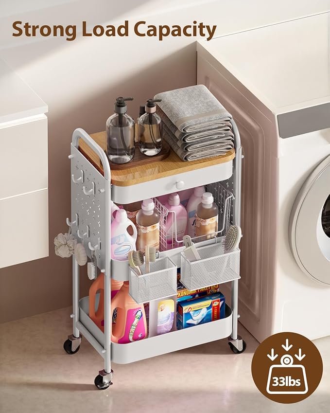 ALVOROG Rolling Cart with Drawer and Wood Table Top, 3 Tier Metal Rolling Utility Cart on Wheels with DIY Pegboards, Hanging Baskets, Hooks for Kitchen, Bedroom, Office, Craft Supplies
