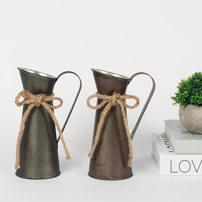 2 Pack Vintage Metal Milk Jug Vase Decor, Shabby Chic Decor Rustic Metal Pitcher, 7.87 Inch Pitcher Vintage Flower Vases for Home/Wedding Decorations