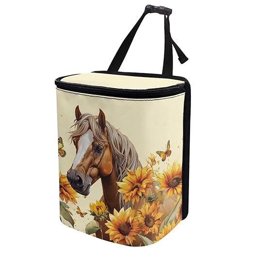 Hanging Sunflower Horse Car Trash Bag Zip Leak Proof Vehicle Garbage Bin with Lid Mini Portable Vehicle Waste Storage Bag for Automotive Front Back Seat Headrest