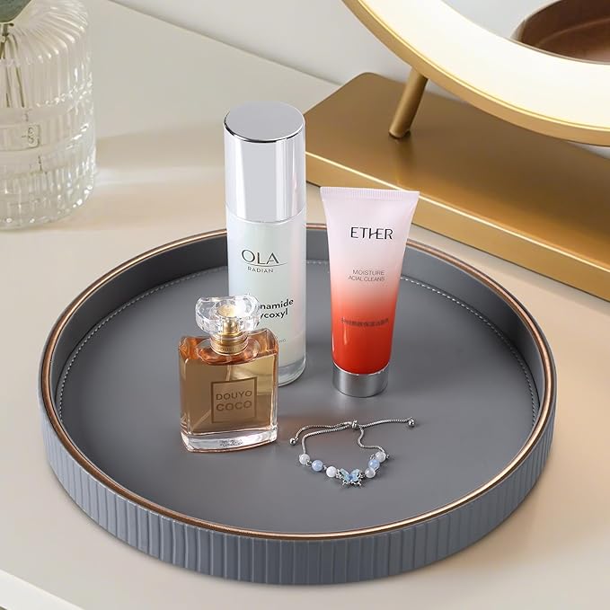 KINGFOM Round Decorative Tray, PU Leather Vanity Tray Organizer with Gold Trim for Dresser, Coffee Table & Bathroom Counter, Modern Home Decor Jewelry & Perfume Tray for Men Women (Gray)