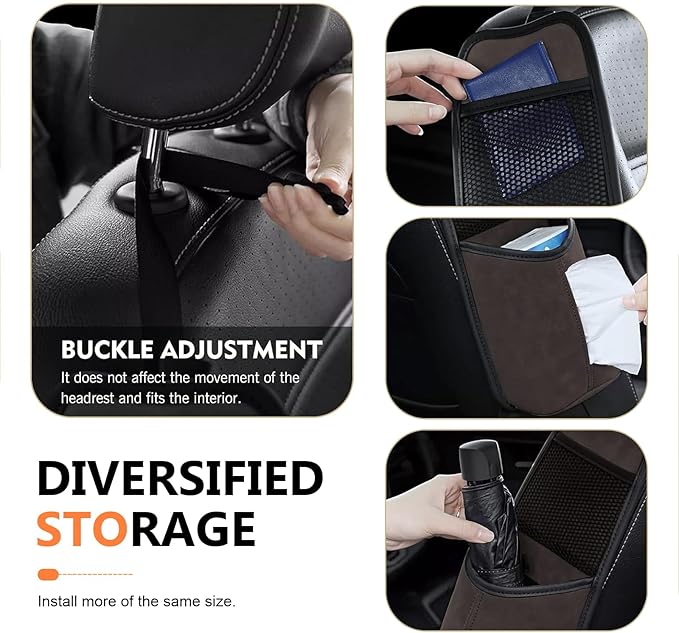 Car Tissue Holder, Leather Seat Side Strap-On Organizer Box with Mesh Net, Multifunctional Hanging Card Cup Holder Storage Bag, Universal for Most Cars (Coffee)