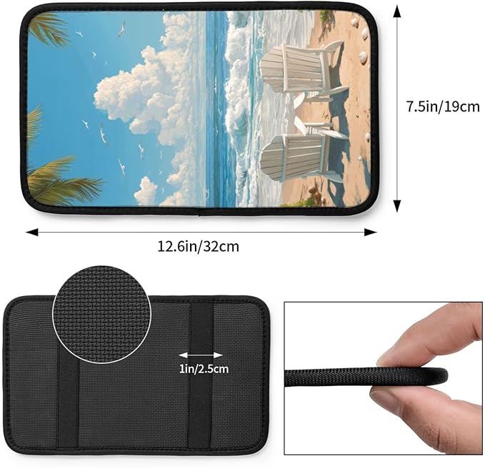 Beach Scene Center Console Cover Pad, Car Armrest Seat Box Cover Cushion Universal for Most Vehicle SUV Truck, Car Interior Accessories Decor, Protect from Pet Claws & Dirt
