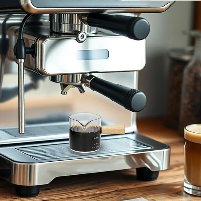 Espresso Cups Set of 2, 4 OZ Espresso Shot Glasses with Wood Handle, V-Shaped Spouts Cups, Ribbed Milk Frothing Pitcher, Glass Measuring Cup, Coffee Espresso Accessories, Demitasse Cups, Small (Clear)