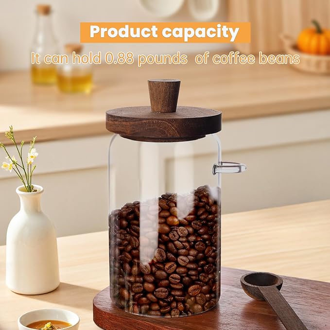 Glass Coffee Bean Storage Container, Wood Lid with Spoon, Airtight Silicone Seal, BPA-Free (700ML/23.67OZ)