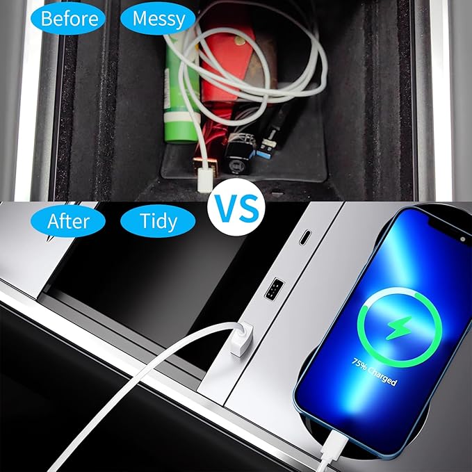 USB Hub Charger for The Center Console of Tesla Model Y (2021-2024) and Tesla Model 3 (2021-2023) Support USB-C Multi Port Phone Fast Charging, Suitable for Model Y/3 Center Console OEM Accessories