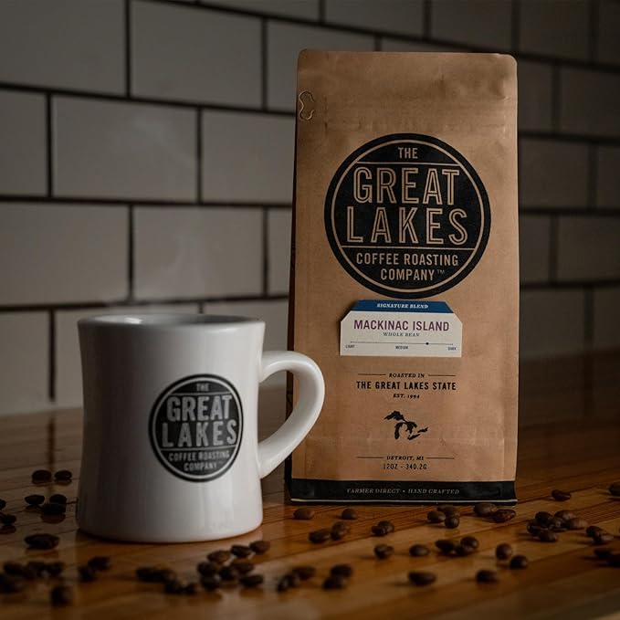 Great Lakes Medium/Dark Roast Whole Bean Coffee, Mackinac Island Signature Blend, Farmer Direct Sourced from Brazil, Columbia, Ethiopia, and Guatemala, 12 Ounces