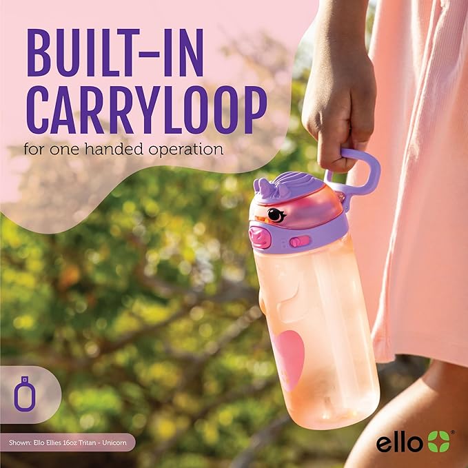 Ello Ellies 16oz Plastic Kids Water Bottle with Straw and Built-in Carrying Handle and Leak-Proof Locking Lid for School backpack, Lunchbox and Outdoor Sports, Cat