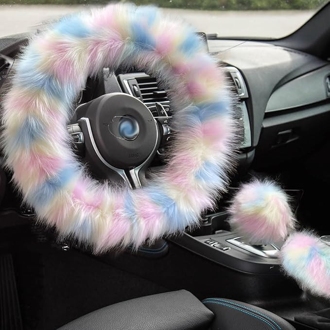 Rainbow Colorful Fluffy Steering Wheel Cover, Girly Long Fuzzy Furry Wool Sheepskin Fur Car Wheel Protector with Light Pink Soft Warm Handbrake Cover Gear Shift Cover for Women/Girl/Ladies 14.5-15"