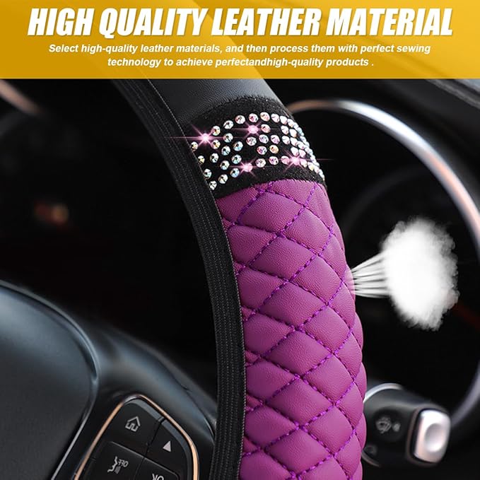 Bling Car Steering Wheel Cover, 15 Inch Crystal Rhinestone Elastic Stretch Leather Steering Wheel Protector, Vehicle Decor Accessories for Women Girls, Universal for RV, SUV, Truck (Purple)