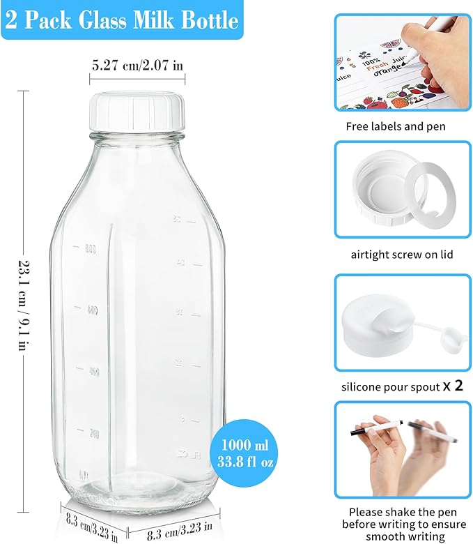 2 Pack Glass Milk Bottle with 2 Dispenser Caps, 100% Airtight Heavy Duty Screw Lid. 32 Oz Reusable Glass Water Jug with 3 Lids! Breast Milk Pitcher, Buttermilk, Nut, Juice, Syrup, Coffee Creamer