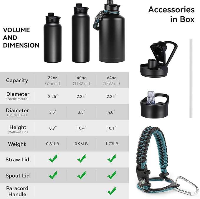 64 oz Insulated Water Bottle with Straw & Spout Lids, Stainless Steel Metal Half Gallon Water Jug with Paracord Handle, Double Wall Vacuum, Leakproof, Keep Drinks Cold & Hot, Ruby Purple Gradient