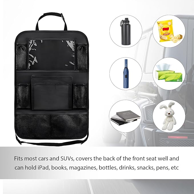 2PCS Car Backseat Organizer, Multi-Pocket Back Seat Protector with 10.2" Tablet Holder, Waterproof Oxford Fabric Storage Bag Auto Kick Mat for Kids Toddlers (A Regular Style)