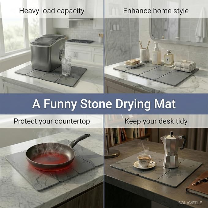 Stone Drying Mat for Kitchen Counter,24"×16" Diatomaceous Earth Dish Drying Mat, Absorbent Drying Stone Mat for Modern Kitchen Countertop (Light Gray, Large)