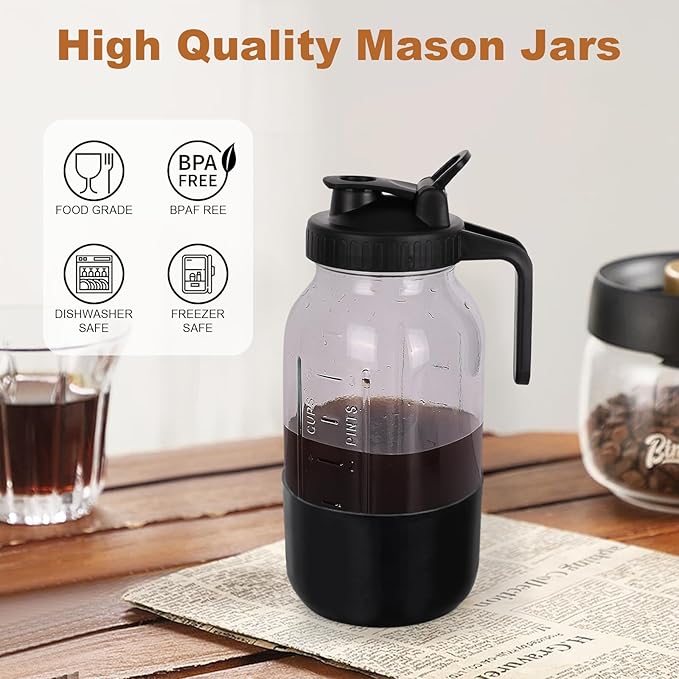 Cold Brew Coffee Maker, 64oz Mason Jar Pitcher with Stainless Steel Filter, Leak-Proof Lid with Pour Spout & Handle, Heavy Duty Glass Iced Coffee Tea Brewer with Protective Silicone Sleeve-Black