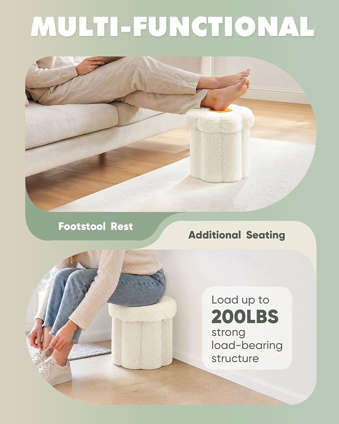 B FSOBEIIALEO Storage Ottoman Foldable, Sunflower Shaped Small Footrest Collapsible Folding Seat Bench for Bedroom Living Room Entryway, Faux Teddy Fur, White 12.6"x12.6"x11.4"