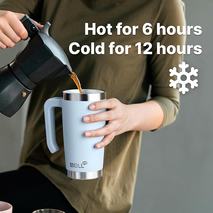 Travel Coffee Mug with Handle-20 oz Stainless Steel Double Wall Vacuum Insulated Tumbler with Straw and Leakproof Seal Slide Lid Reusable Metal Cups with Silicone Pad (Grass Green)