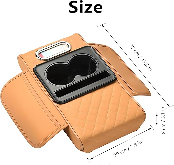 Multifunctional PU Leather Car Armrest Box Mat, 5-in-1 Multifunctional Car Armrest Cushion, Center Console Cover with 2 Cup Holder, For Storing Tissues, Phones, Wallets, Drinks, for Most Cars (Brown)