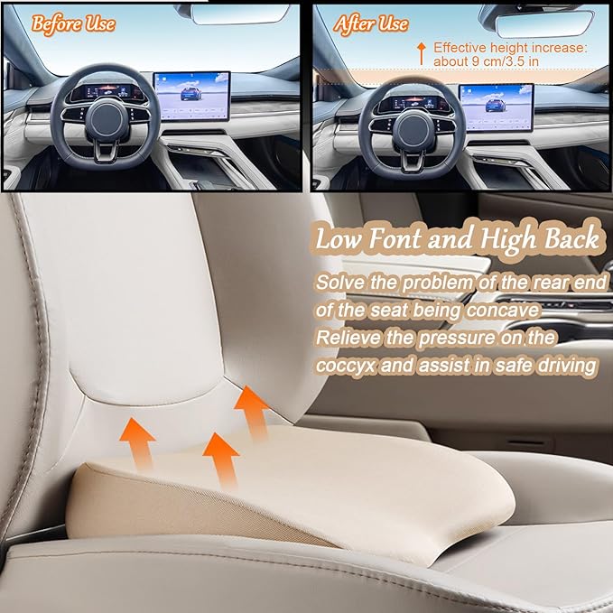 2 in 1 Wedge Car Cushions for Driving - Adult Booster Seat for Car to Raise Height - 3.5 Inches Memory Foam Driver Seat Cushion Lumbar Support for Car Truck Seat,Beige