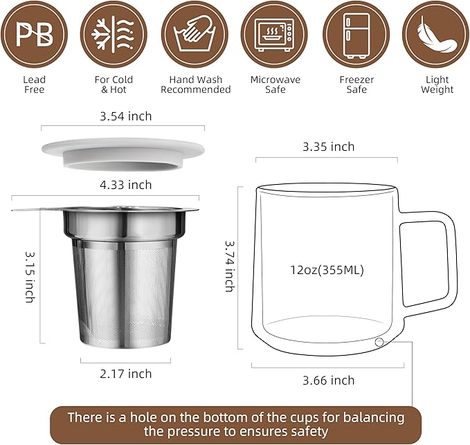 CNGLASS 12oz Double Walled Glass Tea Cup with Stainless Steel Infuser and Lid,Borosilicate Glass Tea Infuser Mug for Loose Tea,Teabag,Set of 1