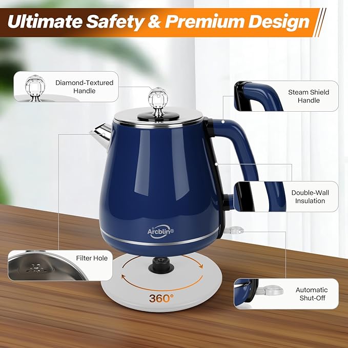Retro Electric Kettle 1.8L, All Stainless Steel Hot Water Electric Kettle for Boiling Water, BPA Free Tea Kettle, 1350W Fast Boil, Auto Shut Off & Boil-Dry Protection