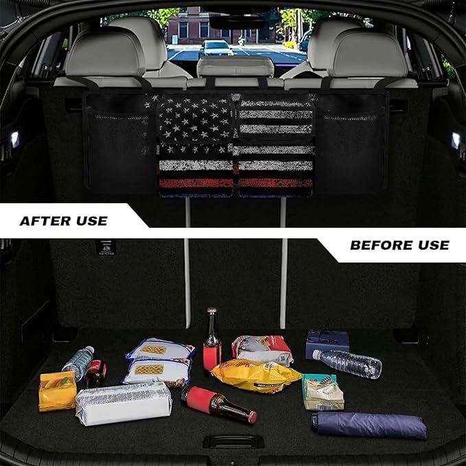American Flag Camo Car Trunk Organizers, 37.1" x 11.8" Backseat Hanging Organizer with 4 Large Storage Bag, Waterproof Car Organizer with Adjustable Strap, Road Trip Large Capacity Bag