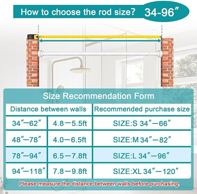 YNL Tension Shower Curtain Rod 34-96 Inches（2.8-8ft) Adjustable Spring Shower Rod No Drilling, Non-Slip, Never Rust, Stainless Steel, Suitable for Bathroom Window Kitchen,White