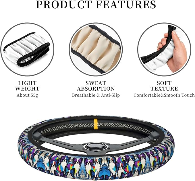 Multi-Color Papillon Dog Neoprene Steering Wheel Covers Women Men Car Accessories, Universal 15 Inch Fit Auto, Suvs, Truck