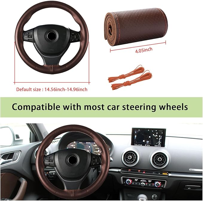 Kewucn Genuine Leather Steering Wheel Cover, 15" Universal Car Steering Wheel Protector with Needle Thread, Breathable Anti-Slip Steering Wheel Cover DIY Stitch on Wrap (Coffee, Full Hole)