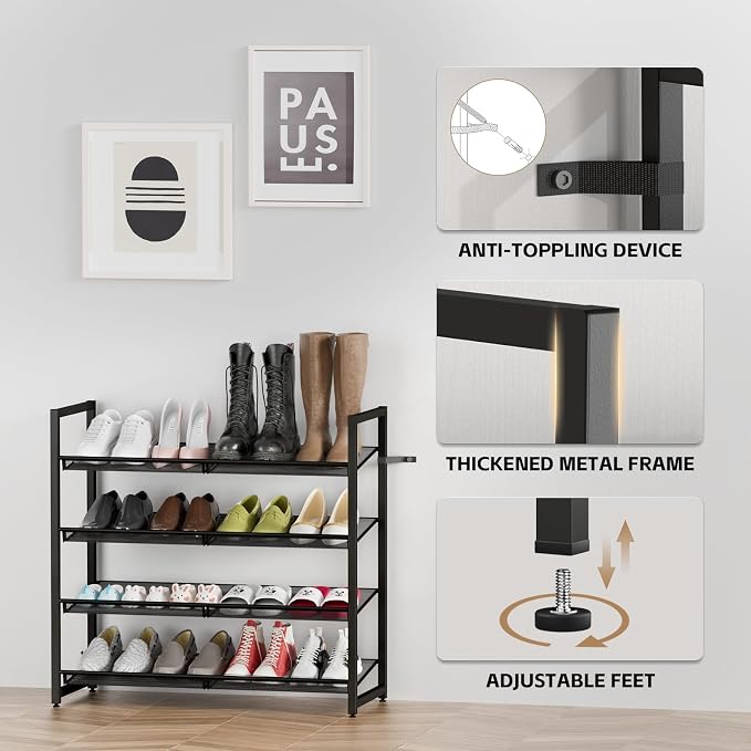Metal Shoe Rack for Closet,entryway, 4-Tier Shoe Organizer, Adjustable Flat or Angled Shelves, Holds up to 20 Pairs Shoes, Black
