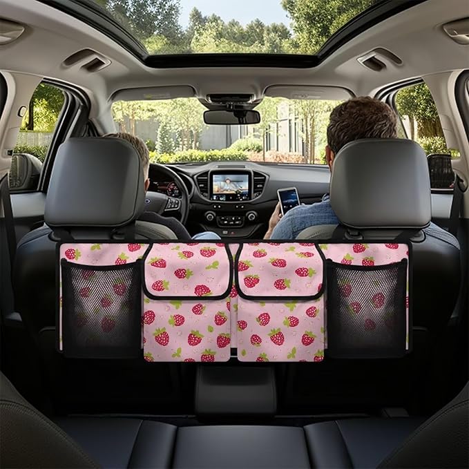 Large Capacity Car Trunk Organizer, Pink Strawberry Waterproof Oxford Backseat Hanging Storage Bag with 4 Pockets, Foldable Car Organization for Car Tools, Car Accessory for SUV Truck