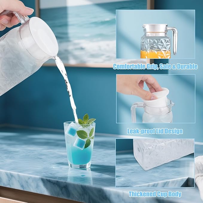 1 Pack 1.1L Plastic Jugs with Lid and Handle, Acrylic Juice Jug, Transparent Fridge Water Pitcher, Unbreakable, Easy to Clearn Water Jug for Iced Tea, Lemonade, Cold or Hot