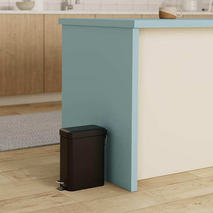 Home Zone Living 1.3 Gallon Small Bathroom Trash Can with Lid and Step Pedal, Stainless Steel Wastebasket with Slim Design for Home and Office, Matte Black, 5 Liters